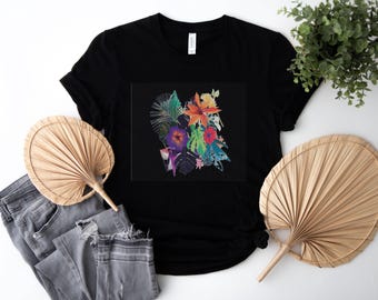 Tropical Floral Composition Featuring Bold Colorful Blooms and Leaves Perfect for Vibrant Summer and Nature Lovers