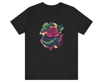 Vibrant Snake and Rose Design Bold Artistic Graphic T-Shirt for Nature Enthusiasts and Unique Style Lovers