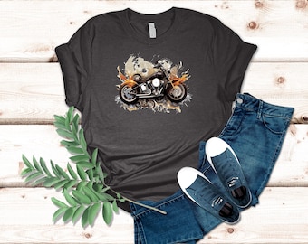 Retro Motorcycle Illustration with Fiery Flames and Gear Accents for Biker Garage Decor and Enthusiast Collectors