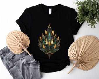 Vibrant Majestic Peacock in Geometric Pattern Elegant Artistic T-shirt for Bold Statements