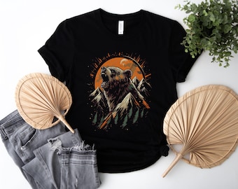 Hollow Roaring Grizzly Bear Graphic T Shirt Mountain and Forest Scene Outdoor Adventure Gift for Nature Enthusiasts Camping and Hiking Gear
