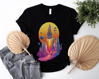 Vibrant Retro Rocket Launch in Surreal Space Landscape T-Shirt Gift for Sci-Fi and Vintage Art Lovers