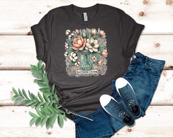 Rustic Southern Charm T-Shirt Blooming Magnolia and Cotton Mason Jar Design Perfect Gift for Nature and Home Lovers