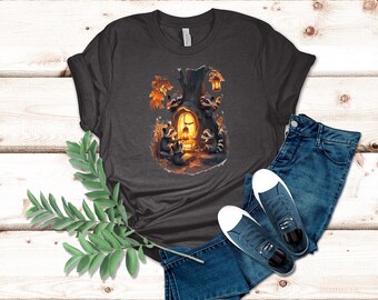 Adorable Woodland Raccoons Gathering by Lantern T-Shirt Whimsical Nature Design for Animal Lovers