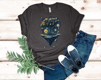 Cosmic Tree of Light Graphic T-Shirt Perfect for Nature and Space Fans