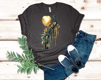 Abstract Peacock with Golden Feathers Art Nouveau Design Eye-Catching T-shirt for Art Lovers