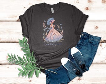 Southern Belle Graphic T-Shirt Romantic Wildflower Design with Graceful Parasol and Vintage Pastoral Style