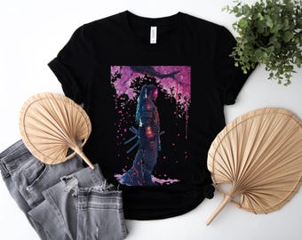 Cyberpunk Samurai with Neon Mask and Cherry Blossoms Futuristic Graphic T-Shirt for Sci-Fi Enthusiasts and Japanese Culture Fans