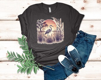 Graceful Heron in Marshland T-Shirt with Sunset Cattails and Spanish Moss Artistic Nature Scene Graphic Tee Gift