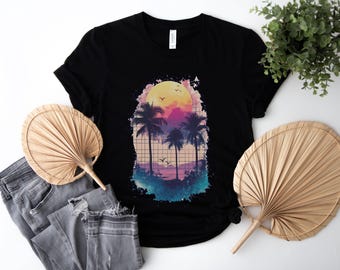 Vaporwave Sunset Graphic T-Shirt 80s Retro Aesthetic Palm Trees Beach Summer Shirt
