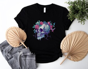 Gothic Skull and Rose Illustration with Butterflies and Vines for Nature-Inspired Alternative Art and Home Decor
