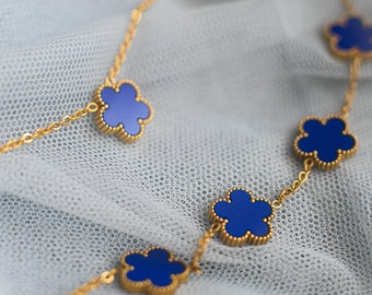 Stunning Gold-Plated Clover Collection in Blue  - Necklace with Five Clovers, Matching Bracelet, Earrings - Available Separately or as a Set