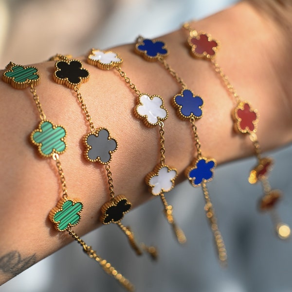 Elegant Gold-Finished Multi Clover Bracelet – Choose from Pearl, Emerald Green, Jet Black, Radiant Blue, or Deep Red - Perfect Gift