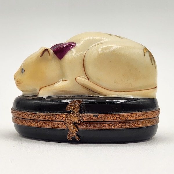 Limoges Peint Main Chinese Cat w/ Bamboo Trinket Box