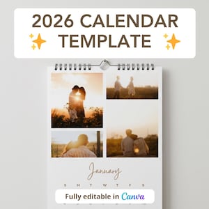 Puede incluir: Una plantilla de calendario de 2026 con fondo blanco. El calendario presenta cuatro fotos de parejas enamoradas, con el mes de enero. El texto "2026 CALENDAR TEMPLATE" está en la parte superior y "Fully editable in Canva" en la parte inferior.