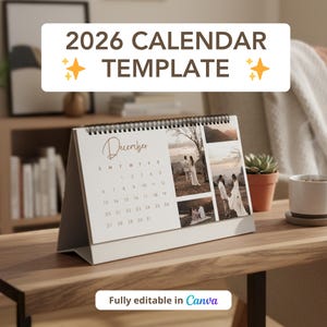 Puede incluir: Un calendario blanco de 2026 con encuadernación en espiral, con el mes de diciembre. El calendario incluye fotos y el texto "2026 CALENDAR TEMPLATE". El texto "Fully editable in Canva" también es visible.