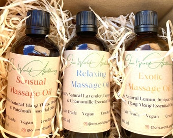Massageöl-Geschenkset; 3 unserer Bestseller; Sinnliche, entspannende & exotische Aromatherapie-Massageöle - Fair Trade - Vegan - Grausamkeitsfrei