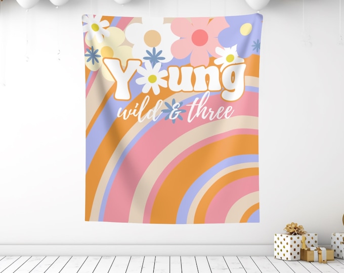 Young Wild and Three Party Backdrop: Floral 3rd Birthday Decor