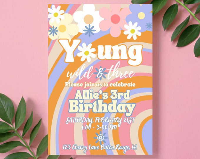 Young Wild and Three Birthday Invitation Template: Retro Hippie Invite