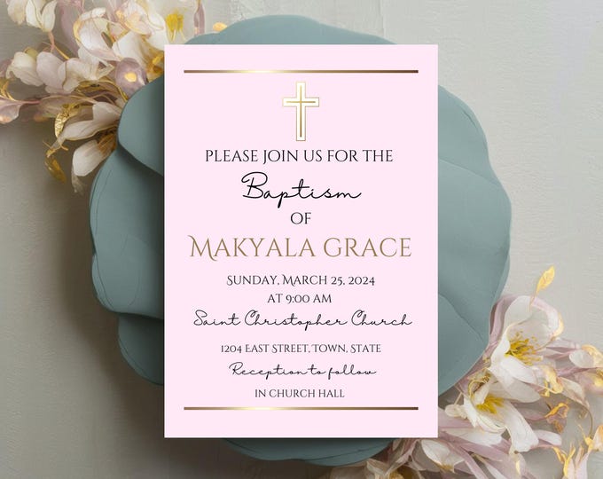 Pink Girl Baptism Invitation Template: Religious Announcement