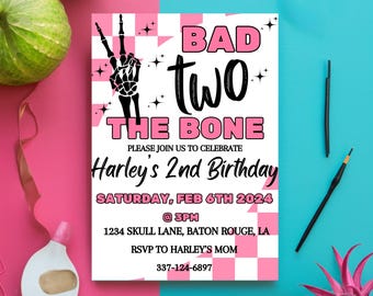 Bad Two The Bone Birthday Invitation Template: Skater Girl Invite