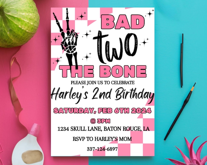 Bad Two The Bone Birthday Invitation Template: Skater Girl Invite