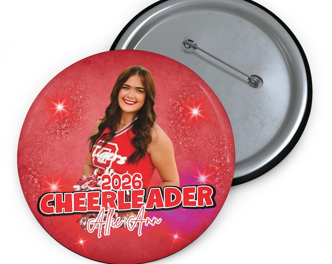 Custom Cheer Pin Button: Glossy Mylar Face, Safety Pin Back