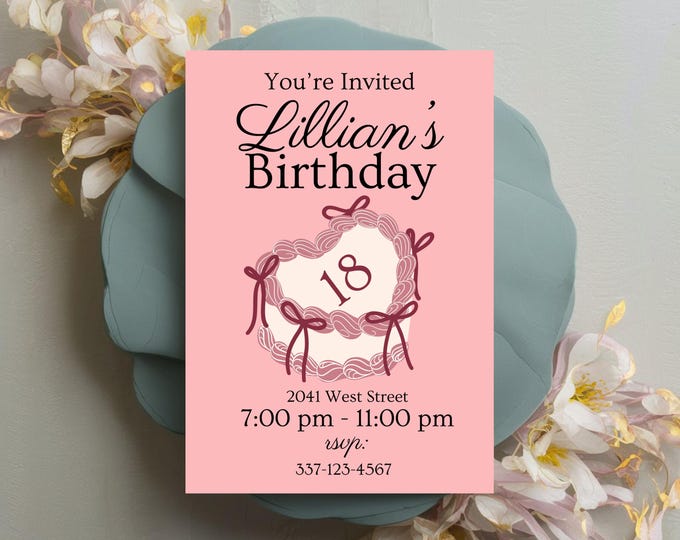 Coquette Birthday Invitation Template: Pink Bows & Cake