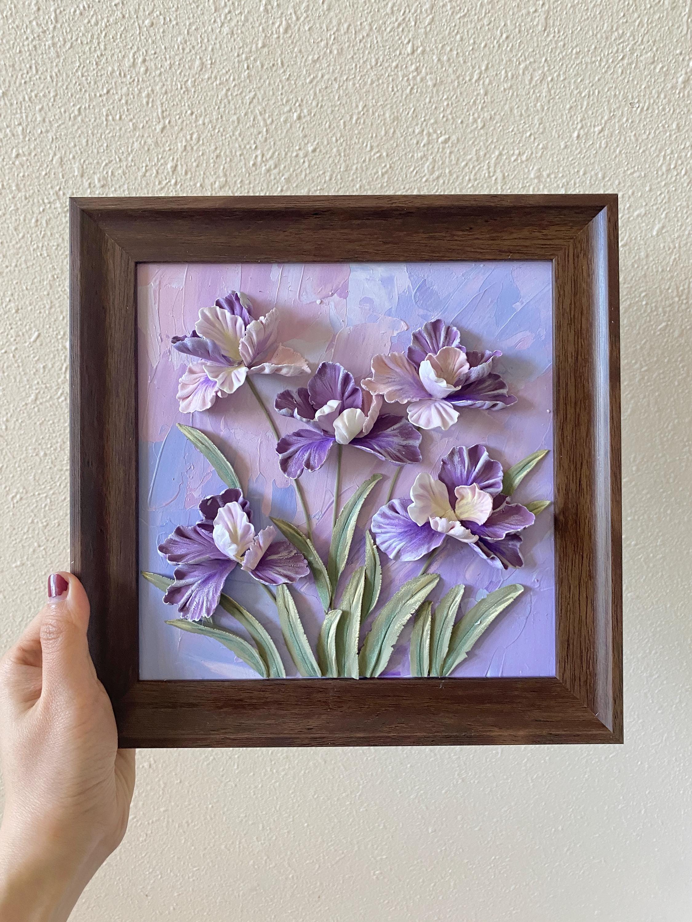 3D Flowers Original Painting, Handcrafted Polymer Clay Flowers Art, Framed Texture Painting,Purple Iris, Gift for Mom, 9 x 9 inches