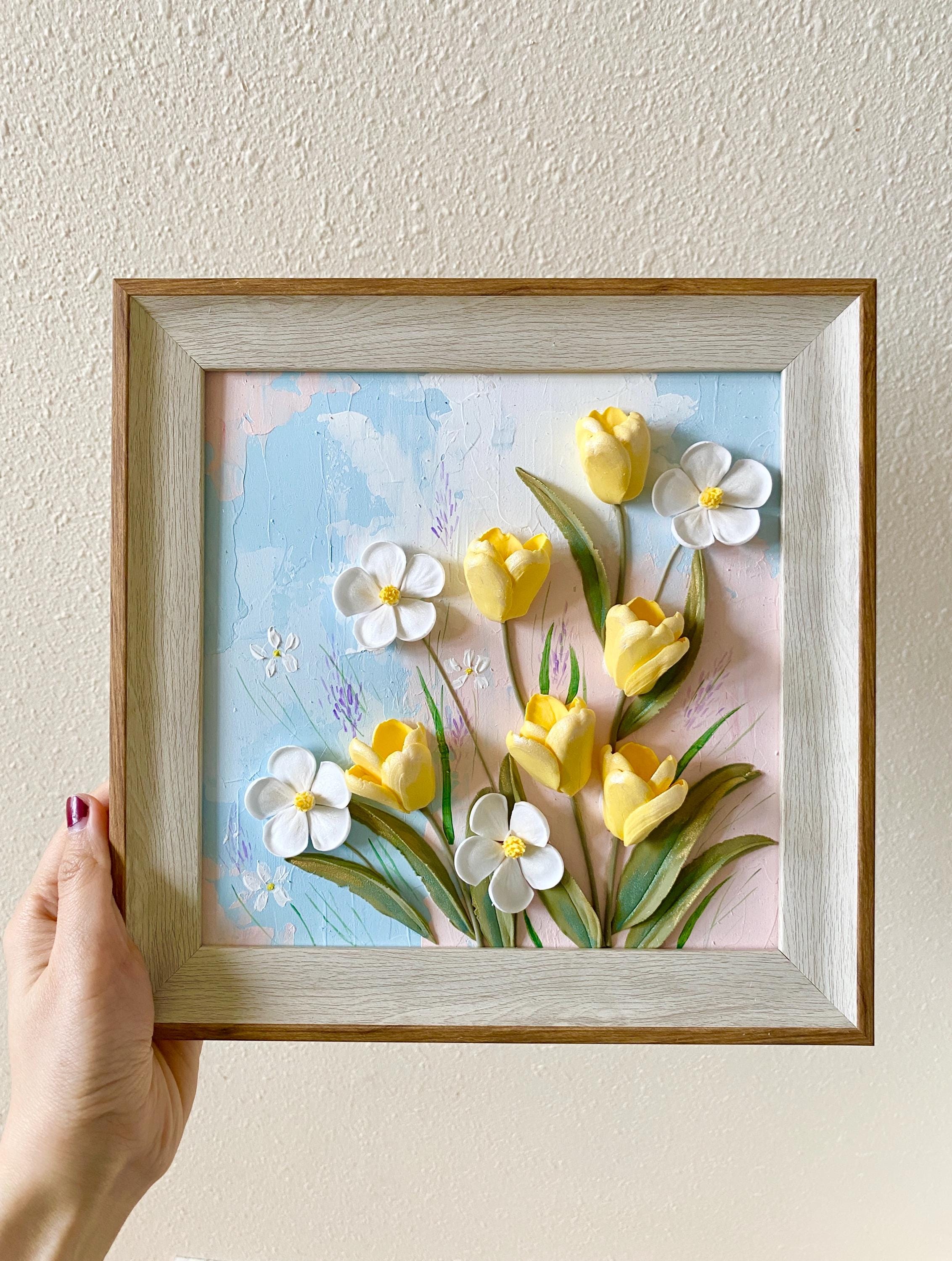 3D Flowers Original Painting, Handcrafted Polymer Clay Flowers Art