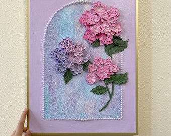Handcrafted Hydrangea Painting, 3D Flowers Art, Framed Floral Wall Decor
