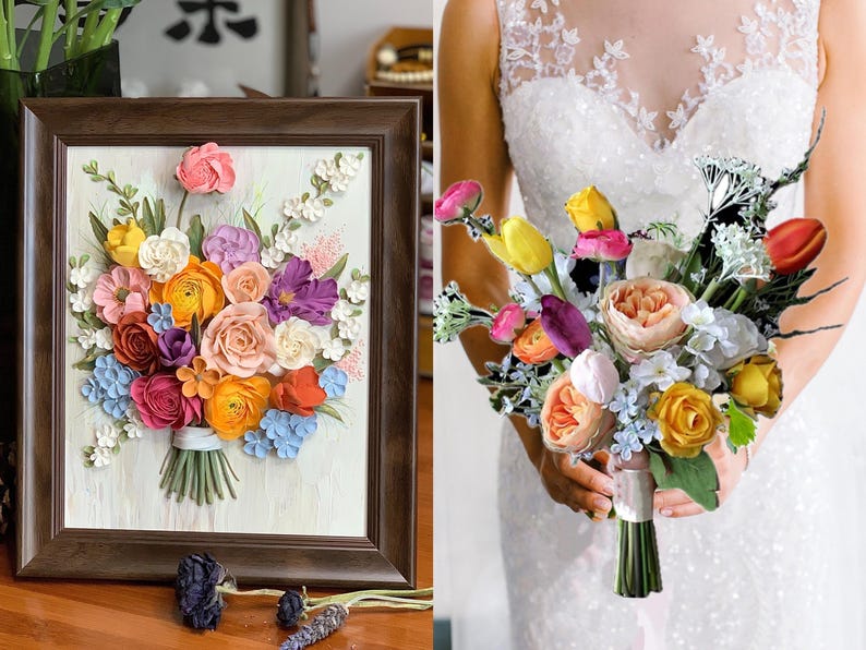 Bridal Bouquet Preservation, Custom 3D Flowers Original Painting,Handmade Bouquet, Polymer Clay Floral Framed Wall Art,Wedding Keepsake Gift