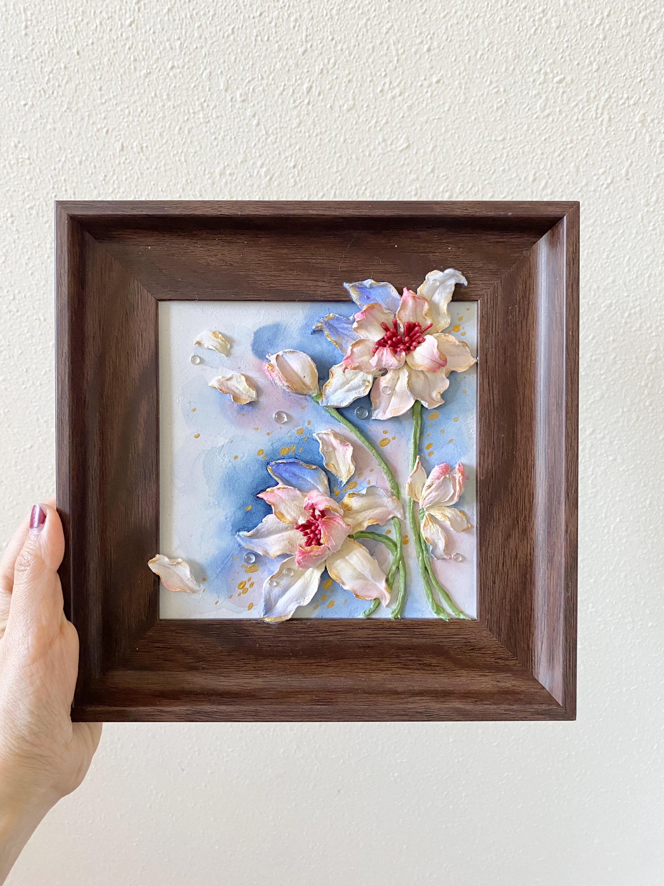 3D Flowers Sculpture Painting, Handcrafted 3D Artwork, Floral Texture Framed Original Painting, Pink Water Lily, Gift for Mom, 9 x 9 inches