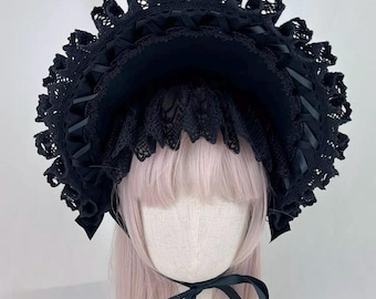 Bonnet gothique Lolita - Rubans noirs et dentelle | Chapeaux Lolita faits main | Chapeau de cosplay rococo vintage