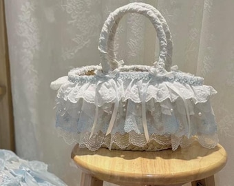 Sac panier en dentelle Lolita, styles doux et classique, fait main, panier en paille
