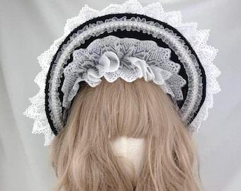 Midnight Bride Bonnet | Elegant Gothic Lolita Headpiece | Black & White Lace Bonnet with Pearls | Classic Lolita Hat |EGL Accessory