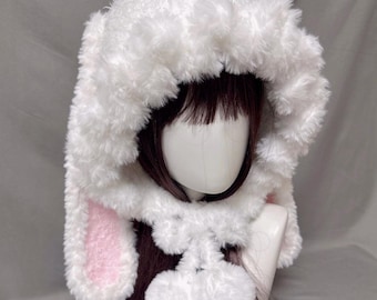 Ready to ship White Bunny hat, Pom-Pom bunny beanie, Cat ear hat, Crochet bunny hat, EGL beanie, Rabbit hat