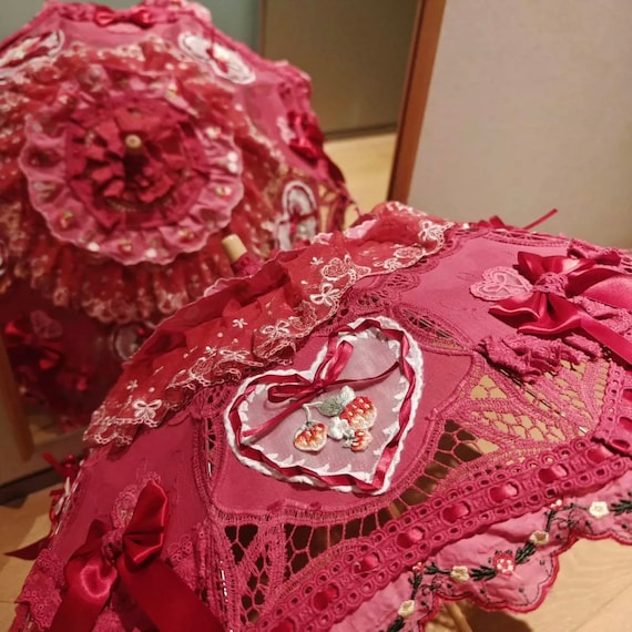 Strawberry Bunny Lolita Fashion Parasol, Lolita Costume, Pink Lace