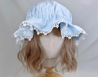 Bonnet original fait main bleu bébé avec dentelle | Bonnet de nuit en coton doux | Taille réglable