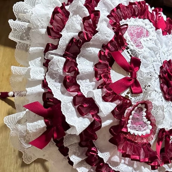 Strawberry Sweetie Lolita Parasol, Red White Bow Tie Lace Umbrella