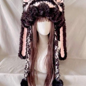 Black pink Jellyfish Bunny hat, Warm Winter Hat, Knitted bunny beanie, Cat ear hat, Crochet bunny hat, EGL beanie, Rabbit hat