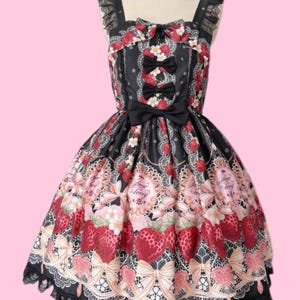 Tamanho do traje - Vestido Super Sweet Strawberry Lolita TeaParty, Laço de bolinhas, Kawaii Lolita, Preto Rosa, Moda Lolita, Lolita Plus Size
