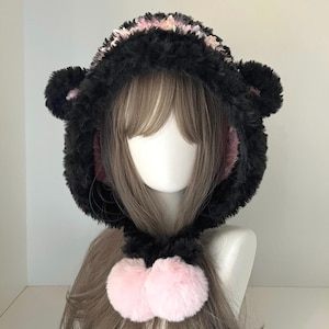 Oversized BlackPink Lamb Ear Hood, Fluffy Sheep Hat, Warm Winter Accessory, Cute Kawaii Beanie