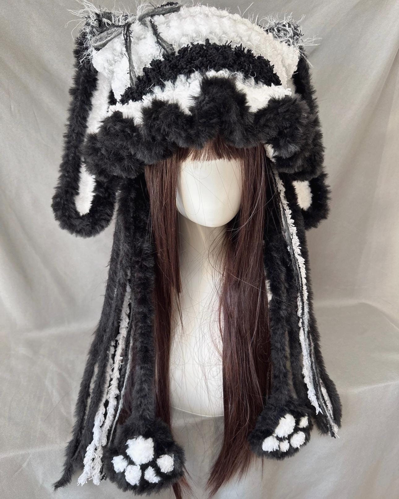 Oreo Jellyfish Bunny hat, Paws Knitted bunny beanie, Crochet bunny hat, EGL beanie, Rabbit hat hood, outfit street style, Horns