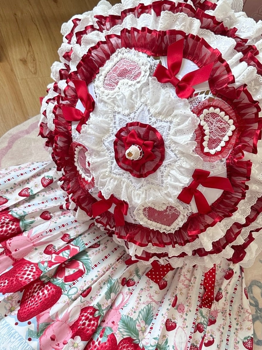 Strawberry Sweetie Lolita Parasol, Red White Bow Tie Lace Umbrella