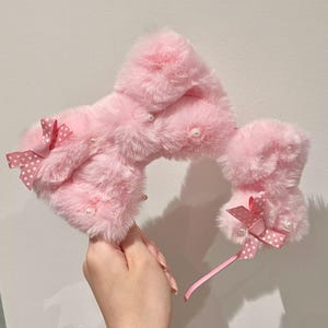 Pink Furry Lolita Headband with Pearls and Bows, Kawaii, pink accessories