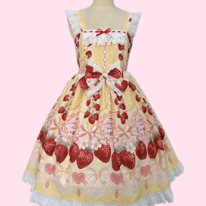 Vestido de festa do chá Lolita plus size amarelo morango, laço de bolinhas, Kawaii Lolita, preto rosa, moda Lolita, Plus Size Lolita