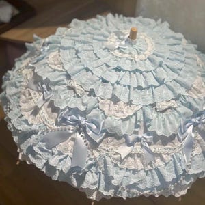 Baby Blue Pearl Lace Parasol – Lolita Sun Umbrella | Elegant Bridal Wedding Accessory | Victorian Sunshade for Tea Party| Picnic Outfit