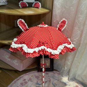 Polka Dot Bunny Lolita Parasol, Lolita Costume, Red lace Lolita umbrella, wedding