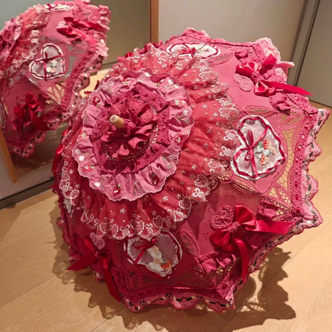 Strawberry Bunny Lolita Fashion Parasol, Lolita Costume, Pink Lace
